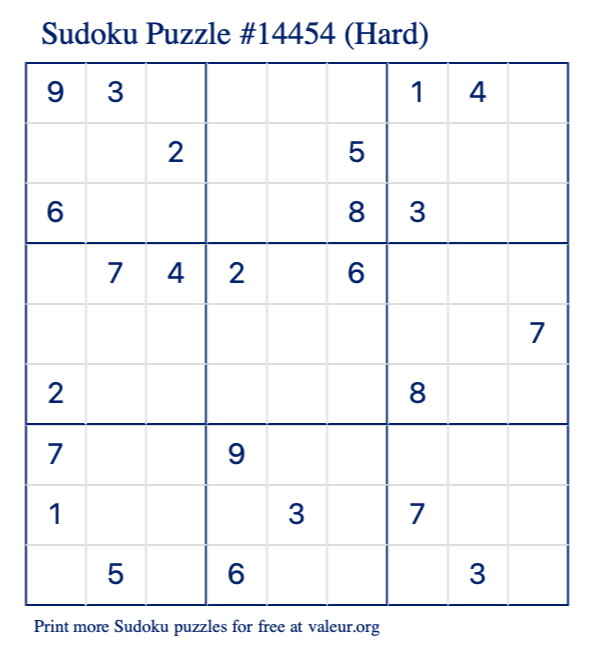 Free Printable Hard Sudoku Puzzle number 14454