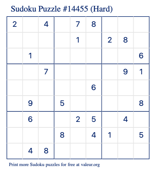 Free Printable Hard Sudoku Puzzle number 14455