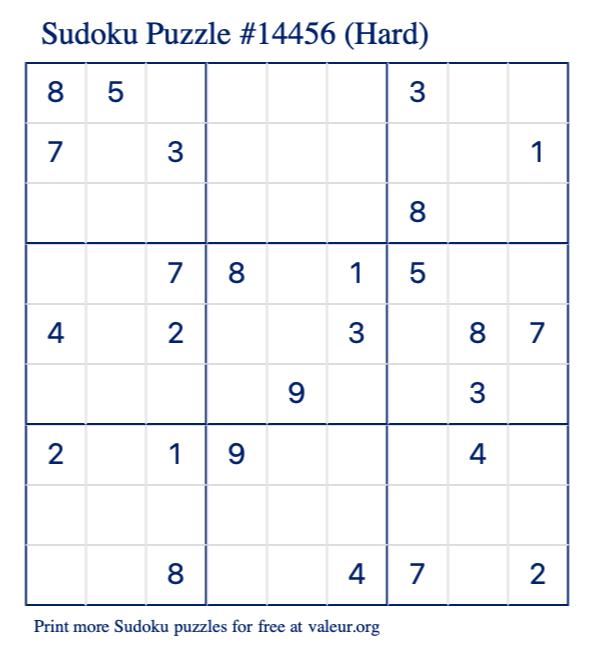 Free Printable Hard Sudoku Puzzle number 14456