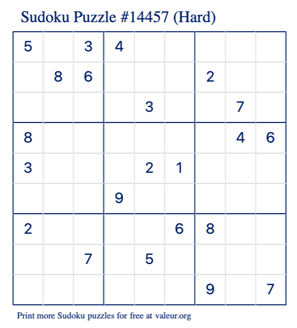 Free Printable Hard Sudoku Puzzle number 14457