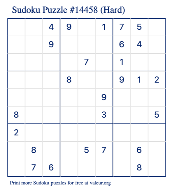 Free Printable Hard Sudoku Puzzle number 14458