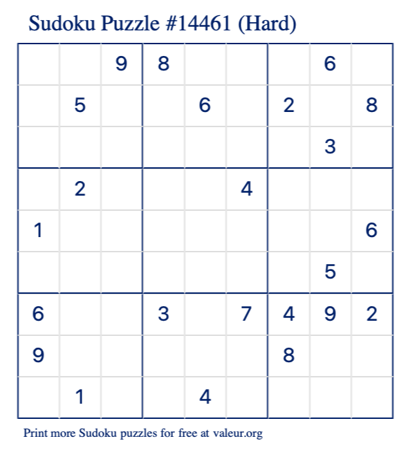 Free Printable Hard Sudoku Puzzle number 14461