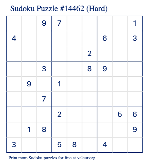 Free Printable Hard Sudoku Puzzle number 14462