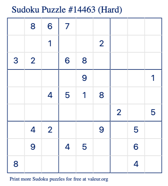 Free Printable Hard Sudoku Puzzle number 14463