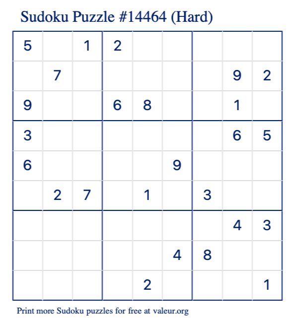 Free Printable Hard Sudoku Puzzle number 14464