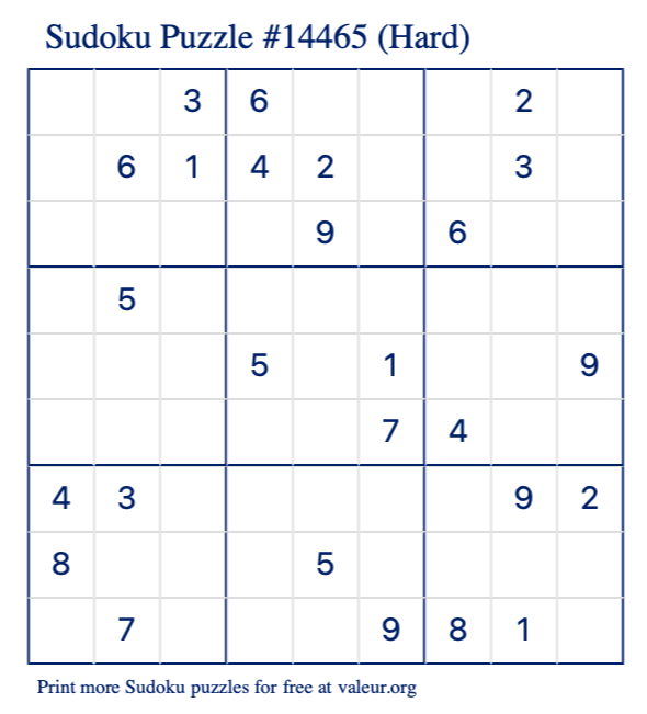 Free Printable Hard Sudoku Puzzle number 14465