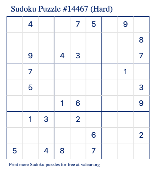 Free Printable Hard Sudoku Puzzle number 14467