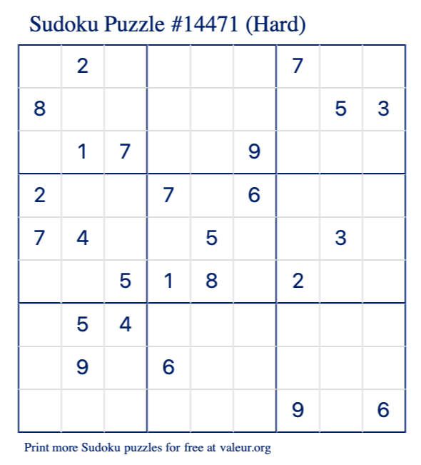 Free Printable Hard Sudoku Puzzle number 14471