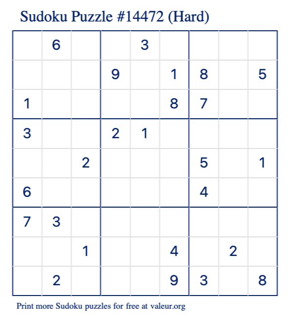 Free Printable Hard Sudoku Puzzle number 14472