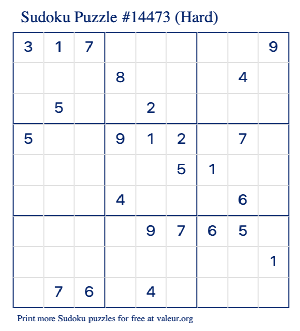 Free Printable Hard Sudoku Puzzle number 14473