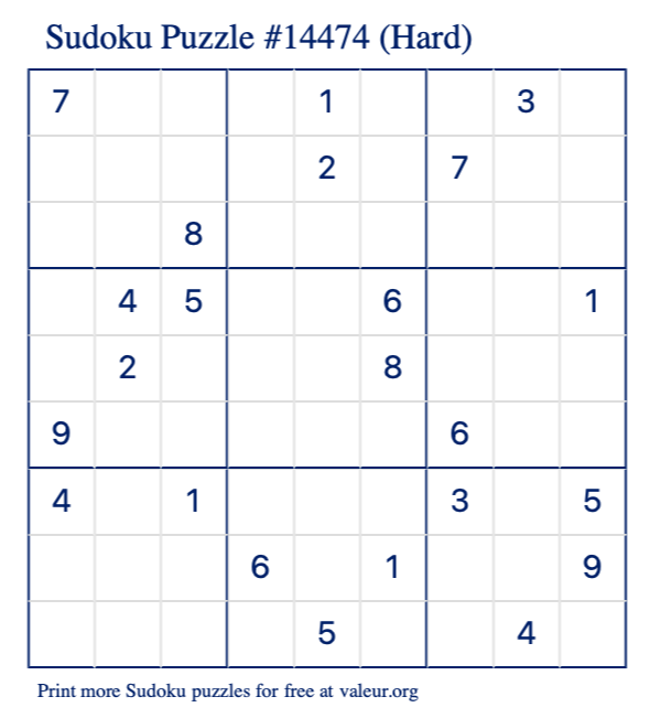 Free Printable Hard Sudoku Puzzle number 14474