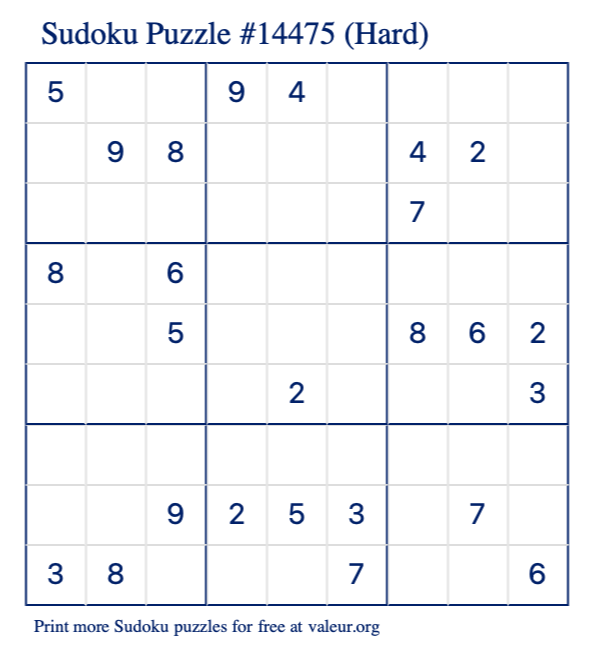 Free Printable Hard Sudoku Puzzle number 14475