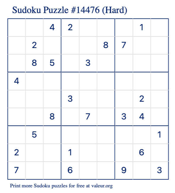 Free Printable Hard Sudoku Puzzle number 14476