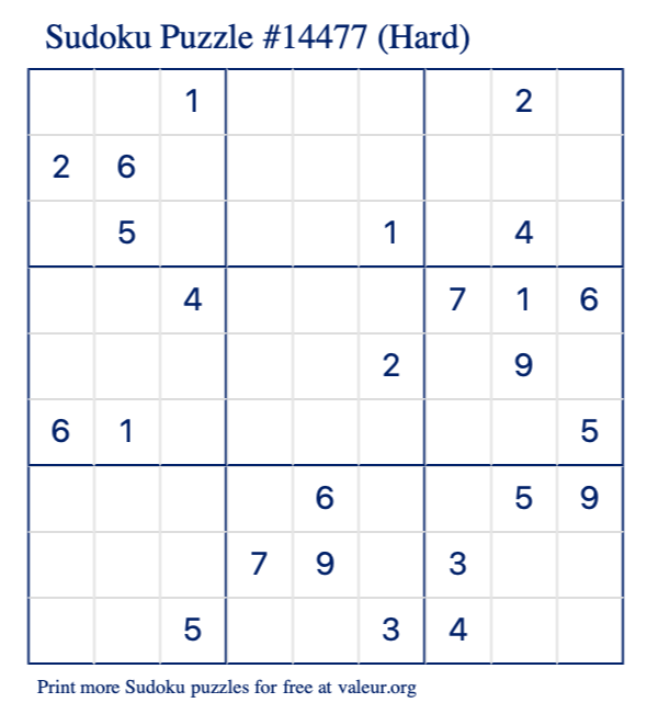 Free Printable Hard Sudoku Puzzle number 14477