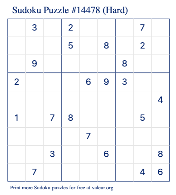 Free Printable Hard Sudoku Puzzle number 14478