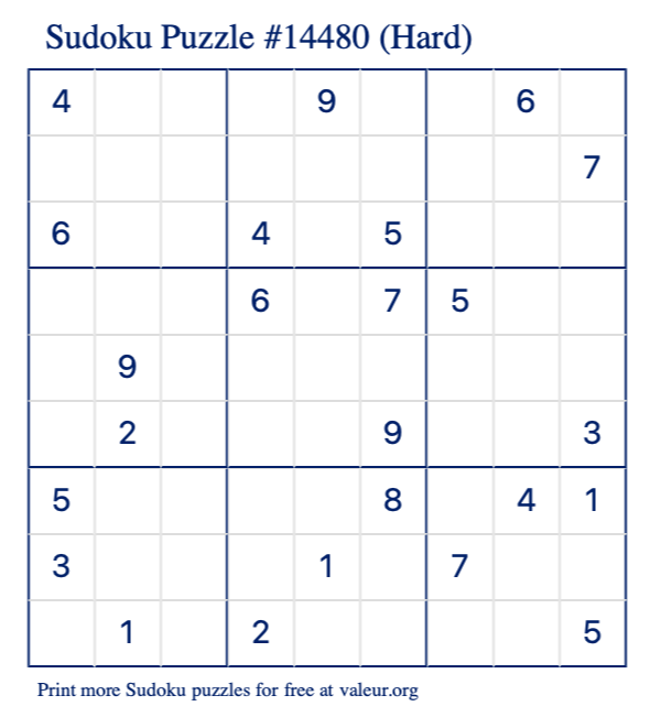 Free Printable Hard Sudoku Puzzle number 14480