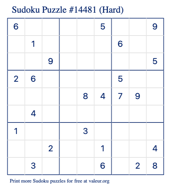 Free Printable Hard Sudoku Puzzle number 14481