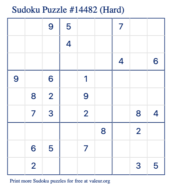 Free Printable Hard Sudoku Puzzle number 14482