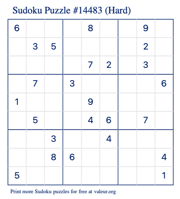 Free Printable Hard Sudoku Puzzle number 14483