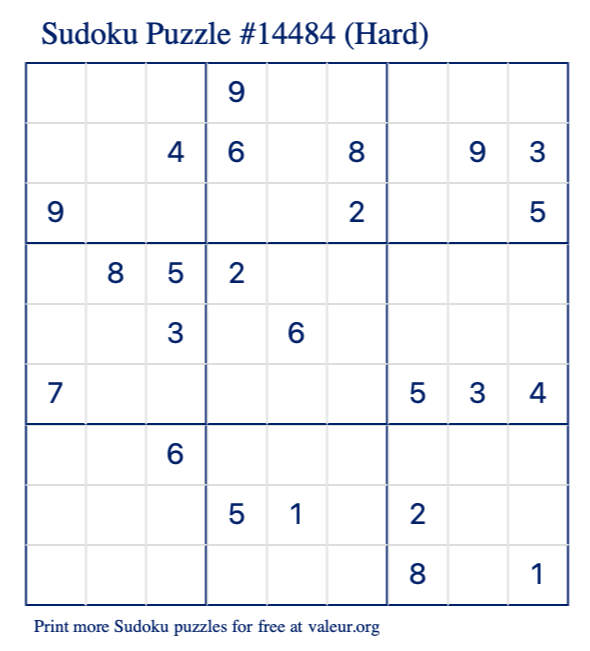 Free Printable Hard Sudoku Puzzle number 14484