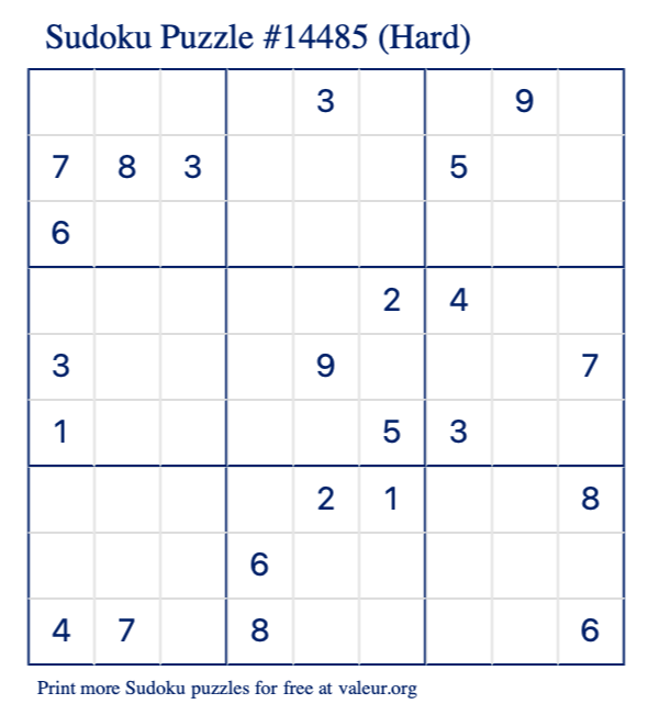 Free Printable Hard Sudoku Puzzle number 14485