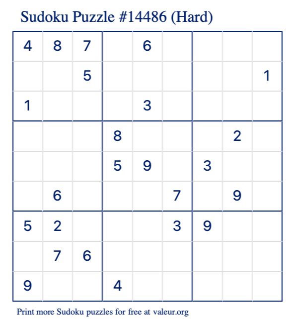 Free Printable Hard Sudoku Puzzle number 14486