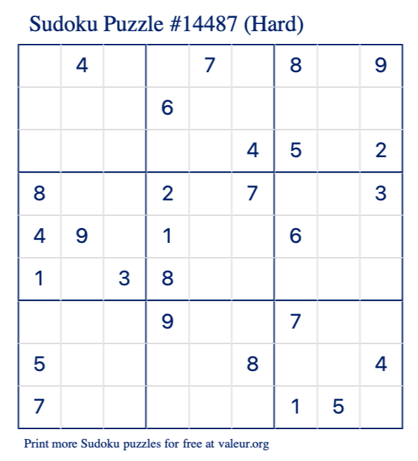 Free Printable Hard Sudoku Puzzle number 14487