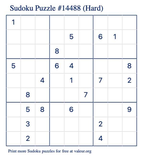 Free Printable Hard Sudoku Puzzle number 14488