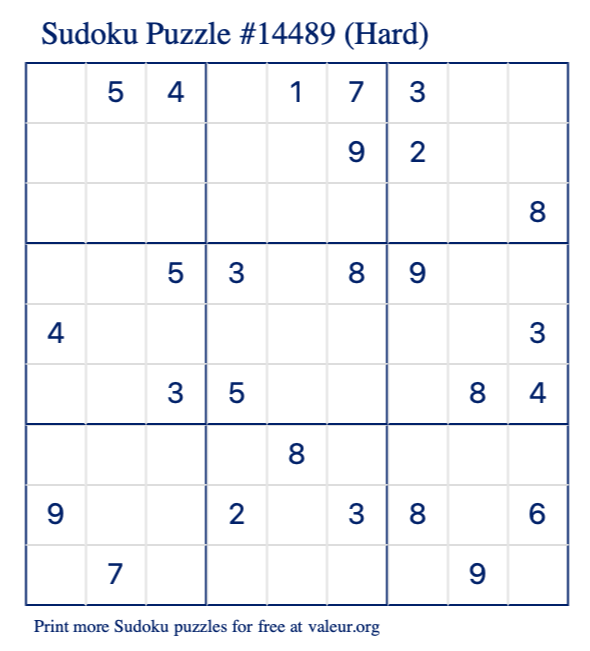 Free Printable Hard Sudoku Puzzle number 14489