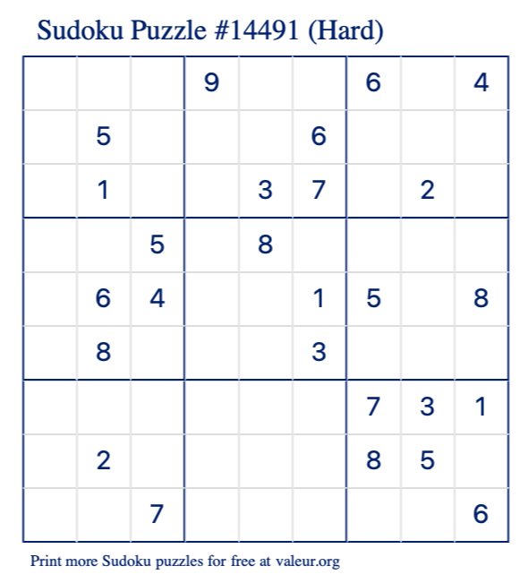 Free Printable Hard Sudoku Puzzle number 14491