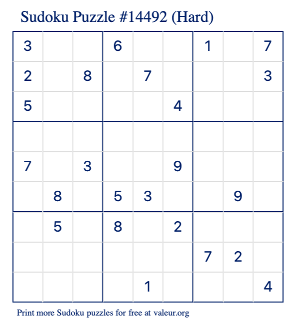 Free Printable Hard Sudoku Puzzle number 14492