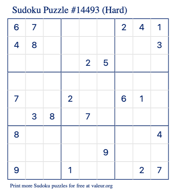 Free Printable Hard Sudoku Puzzle number 14493