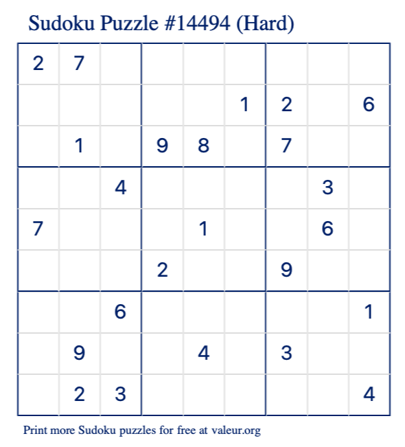 Free Printable Hard Sudoku Puzzle number 14494