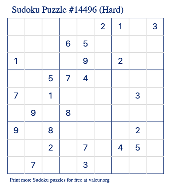 Free Printable Hard Sudoku Puzzle number 14496