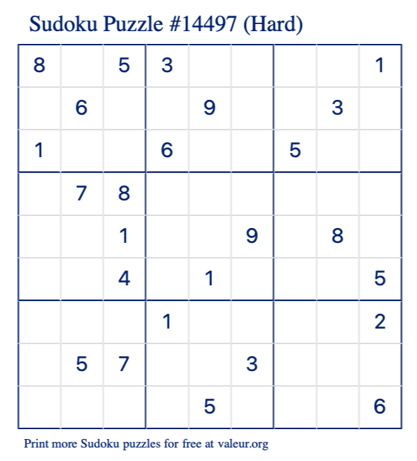 Free Printable Hard Sudoku Puzzle number 14497