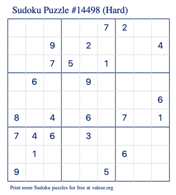 Free Printable Hard Sudoku Puzzle number 14498