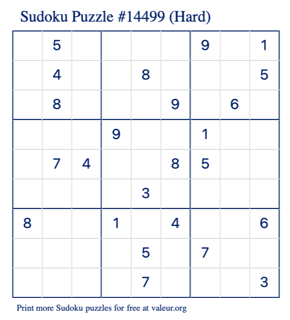 Free Printable Hard Sudoku Puzzle number 14499