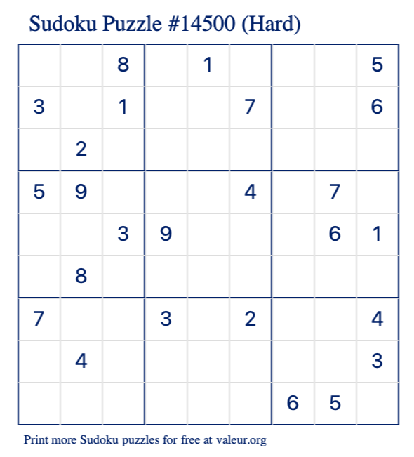 Free Printable Hard Sudoku Puzzle number 14500