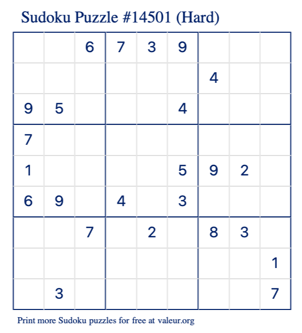 Free Printable Hard Sudoku Puzzle number 14501