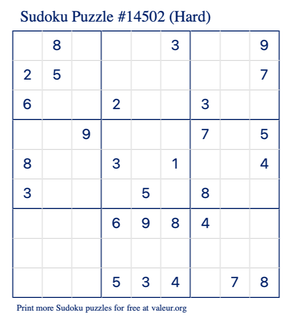 Free Printable Hard Sudoku Puzzle number 14502