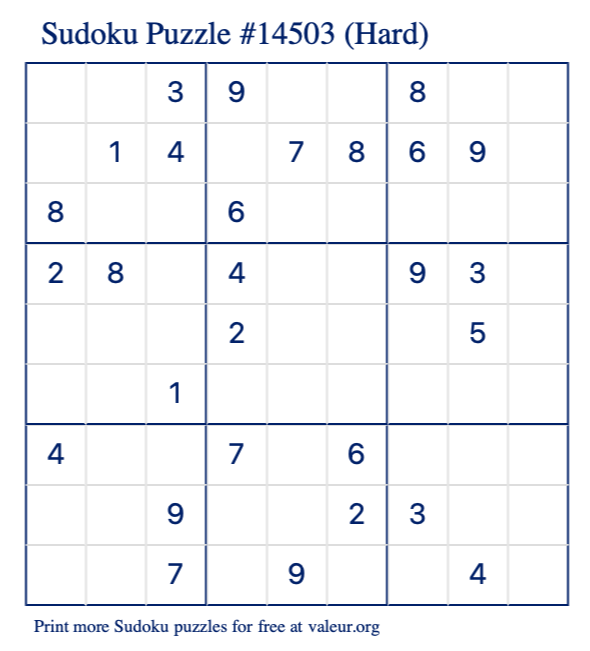 Free Printable Hard Sudoku Puzzle number 14503