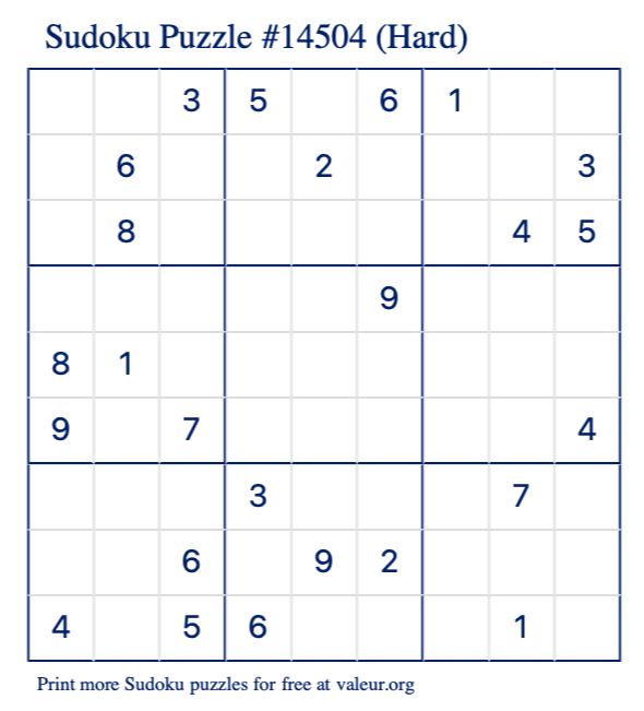 Free Printable Hard Sudoku Puzzle number 14504