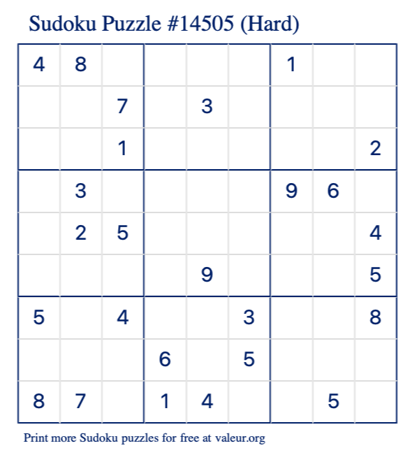 Free Printable Hard Sudoku Puzzle number 14505