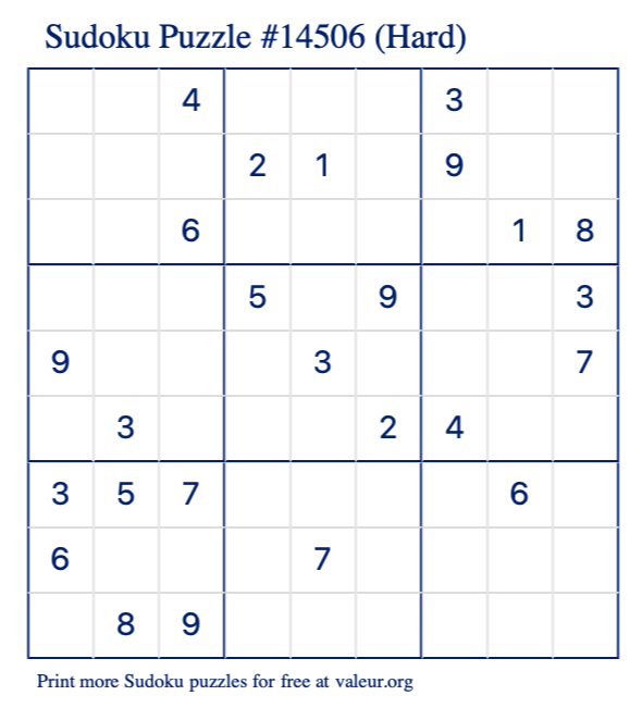 Free Printable Hard Sudoku Puzzle number 14506