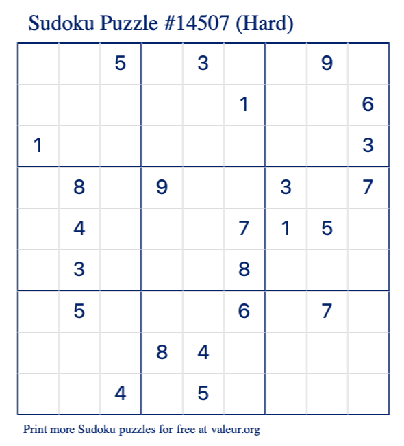 Free Printable Hard Sudoku Puzzle number 14507