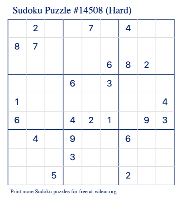 Free Printable Hard Sudoku Puzzle number 14508