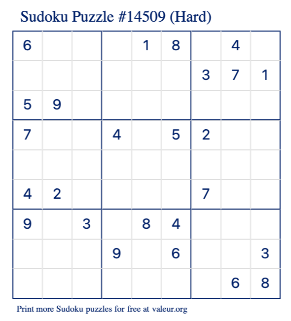 Free Printable Hard Sudoku Puzzle number 14509