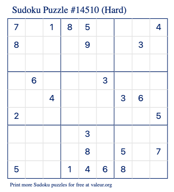 Free Printable Hard Sudoku Puzzle number 14510