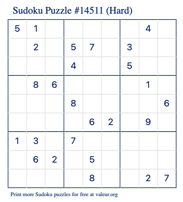 Free Printable Hard Sudoku Puzzle number 14511