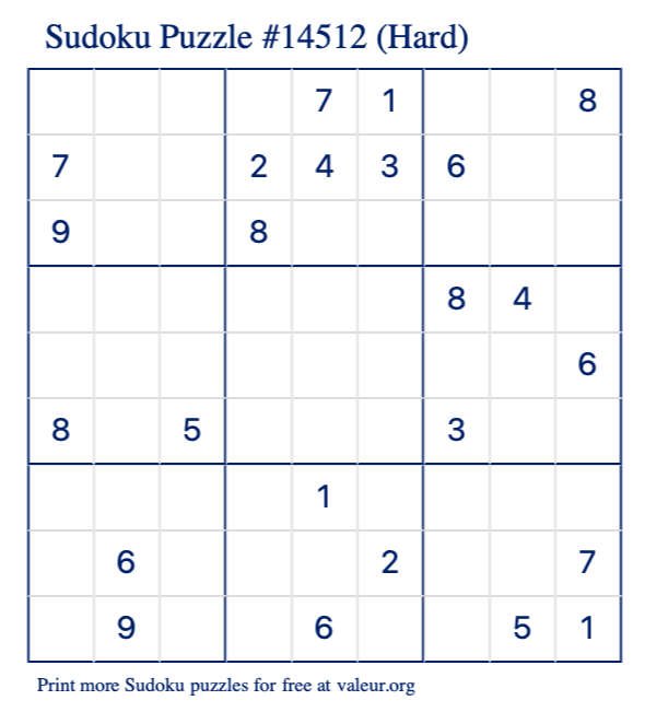 Free Printable Hard Sudoku Puzzle number 14512